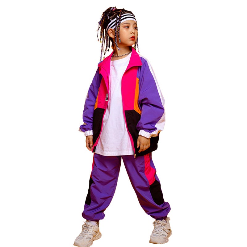 LOLANTA Boys' Girls' Color Block Jacket Track Pants Sets Dance Outfits Sportswear Unisex Streetwear (6-7, purple) - Image 1