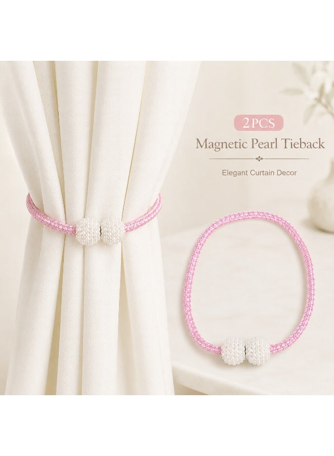 2Pcs Pearl Magnetic Curtain Tiebacks, Pink Braided Curtain Holdbacks with Pearl Ball Design for Living Room Bedroom Office Hotel Window Decor - Image 1