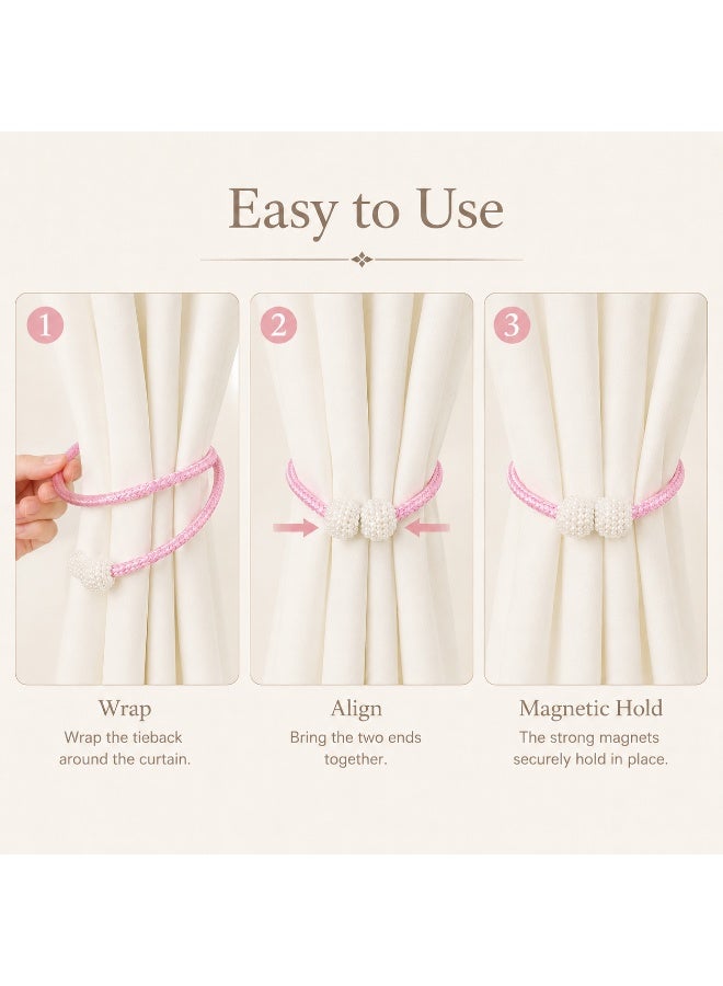 2Pcs Pearl Magnetic Curtain Tiebacks, Pink Braided Curtain Holdbacks with Pearl Ball Design for Living Room Bedroom Office Hotel Window Decor - Image 5