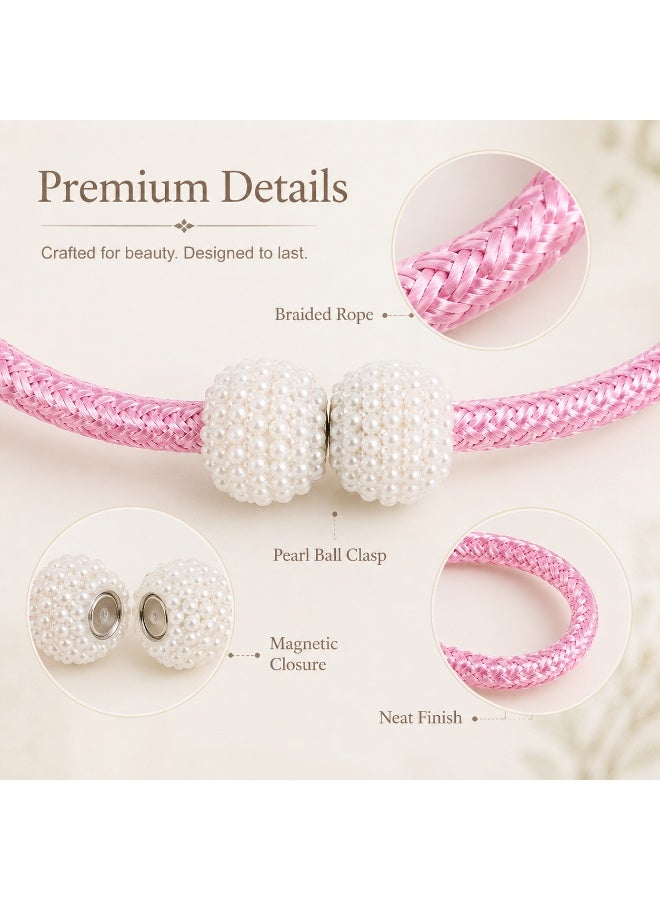 2Pcs Pearl Magnetic Curtain Tiebacks, Pink Braided Curtain Holdbacks with Pearl Ball Design for Living Room Bedroom Office Hotel Window Decor - Image 2