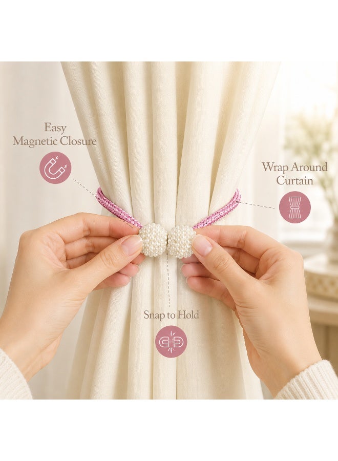 2Pcs Pearl Magnetic Curtain Tiebacks, Pink Braided Curtain Holdbacks with Pearl Ball Design for Living Room Bedroom Office Hotel Window Decor - Image 4