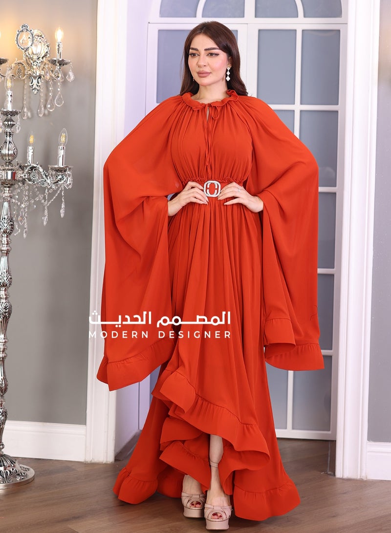 مودرن ديزاين فستان ناعم باكمام طويلة بكسرات انيقة بحزام راقي لزبط القياس باكمام مفتوحه قصير من الامام طويل من الخلف صمم هذا الفستان تصميمه الفريد والراقي يبرز جمالك ويمنحك إطلالة ساحرة - Image 1