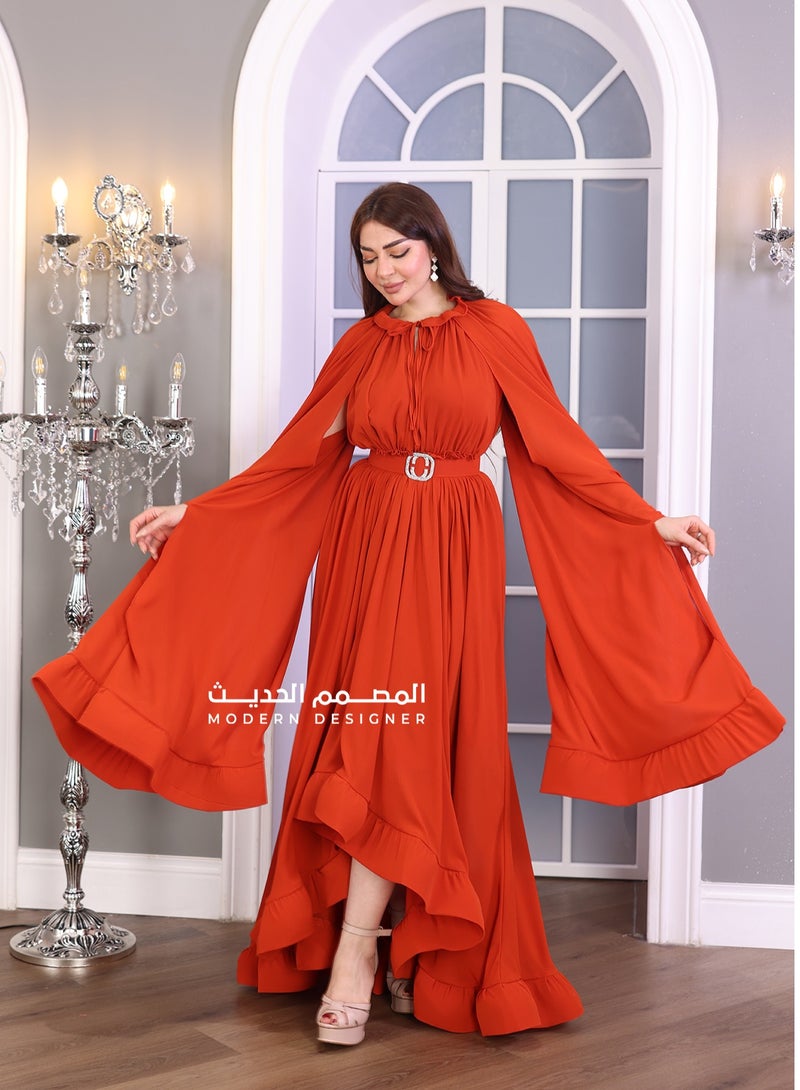 مودرن ديزاين فستان ناعم باكمام طويلة بكسرات انيقة بحزام راقي لزبط القياس باكمام مفتوحه قصير من الامام طويل من الخلف صمم هذا الفستان تصميمه الفريد والراقي يبرز جمالك ويمنحك إطلالة ساحرة - Image 2