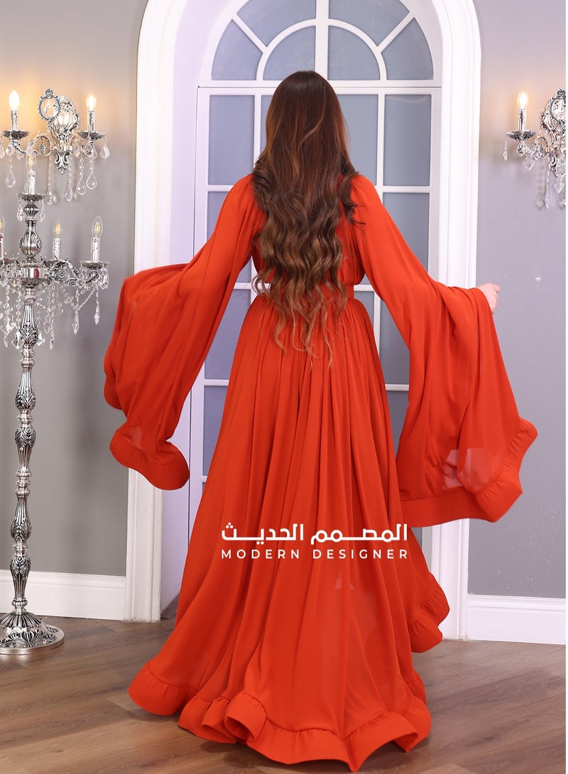 مودرن ديزاين فستان ناعم باكمام طويلة بكسرات انيقة بحزام راقي لزبط القياس باكمام مفتوحه قصير من الامام طويل من الخلف صمم هذا الفستان تصميمه الفريد والراقي يبرز جمالك ويمنحك إطلالة ساحرة - Image 3