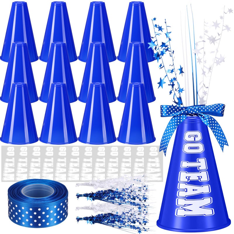 Rotatingpals 12 Pcs Blue Cheer Megaphone Bulk Plastic DIY Megaphone Party Accessory Cheerleading Centerpiece Decor for School Cheers Sports Match Game Outdoor ActivitiesGo TeamBlue White - Image 3