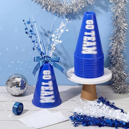 Rotatingpals 12 Pcs Blue Cheer Megaphone Bulk Plastic DIY Megaphone Party Accessory Cheerleading Centerpiece Decor for School Cheers Sports Match Game Outdoor ActivitiesGo TeamBlue White - Image 5