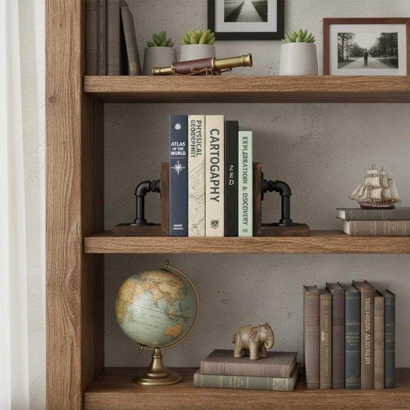 MyGift Book Ends Decorative, Bookends for Shelves, Metal Bookends for Heavy Books, Office Decor for Men, Wood Book Stopper, Realistic Industrial Pipe Design, Dark Brown - Image 2