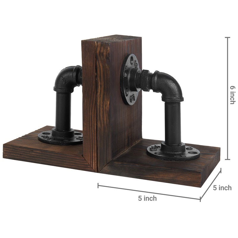 MyGift Book Ends Decorative, Bookends for Shelves, Metal Bookends for Heavy Books, Office Decor for Men, Wood Book Stopper, Realistic Industrial Pipe Design, Dark Brown - Image 4