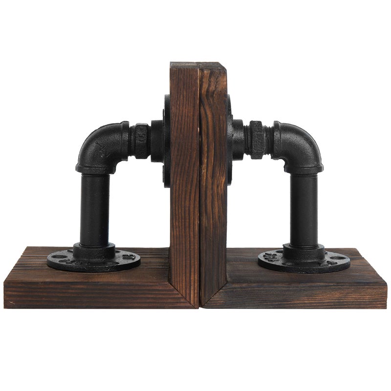 MyGift Book Ends Decorative, Bookends for Shelves, Metal Bookends for Heavy Books, Office Decor for Men, Wood Book Stopper, Realistic Industrial Pipe Design, Dark Brown - Image 5