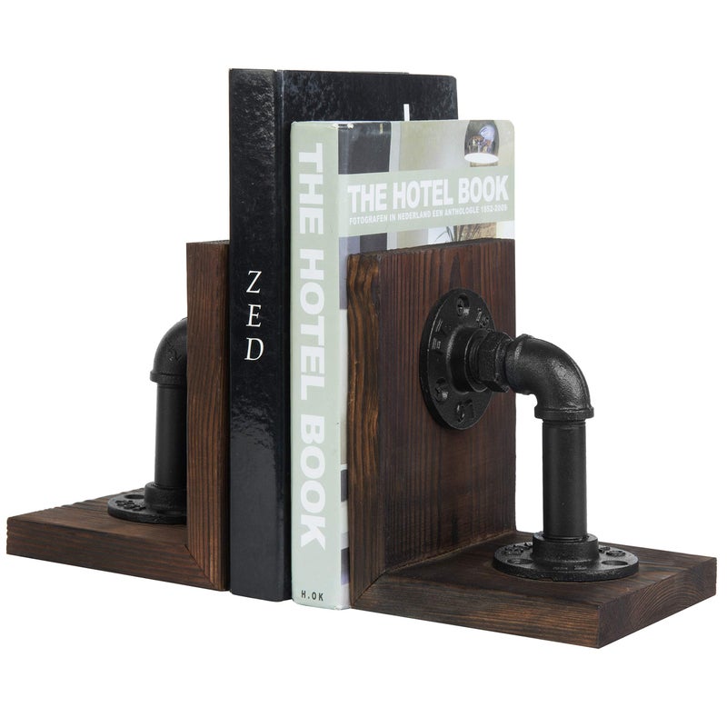 MyGift Book Ends Decorative, Bookends for Shelves, Metal Bookends for Heavy Books, Office Decor for Men, Wood Book Stopper, Realistic Industrial Pipe Design, Dark Brown - Image 1