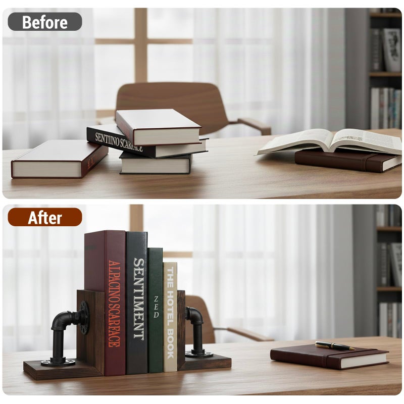 MyGift Book Ends Decorative, Bookends for Shelves, Metal Bookends for Heavy Books, Office Decor for Men, Wood Book Stopper, Realistic Industrial Pipe Design, Dark Brown - Image 3