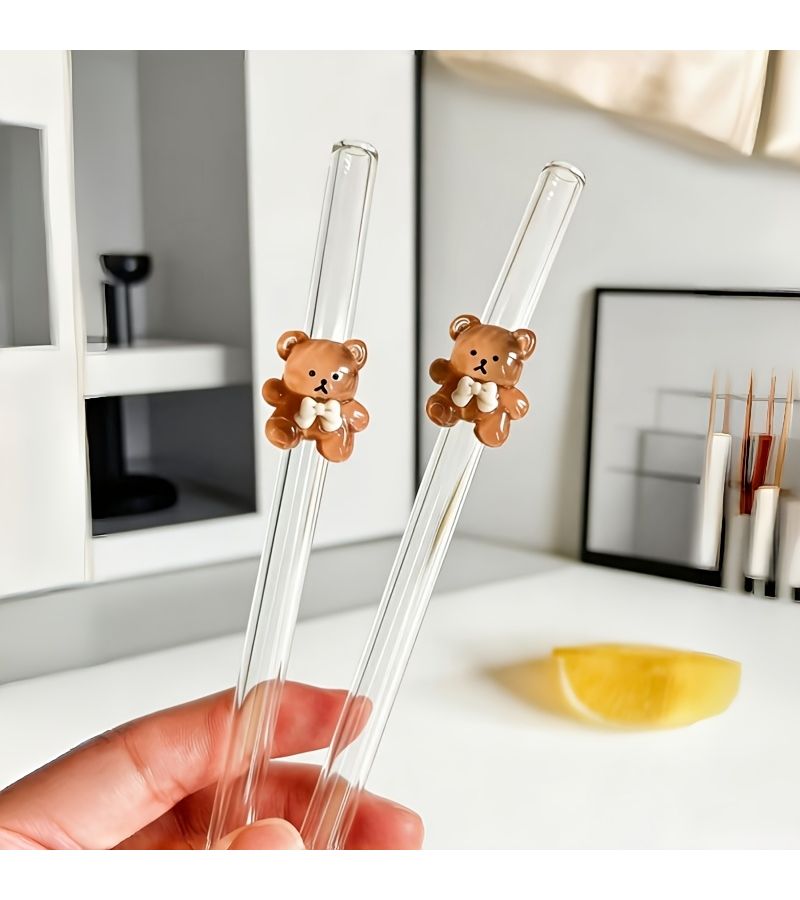 9PCS Brown Bear Glass Straw Set Reusable Bent Straw for Milk Tea Iced Drinks Dessert Shop Valentine Gift For Her Including 7 Straws And 2 Brushes - Image 4
