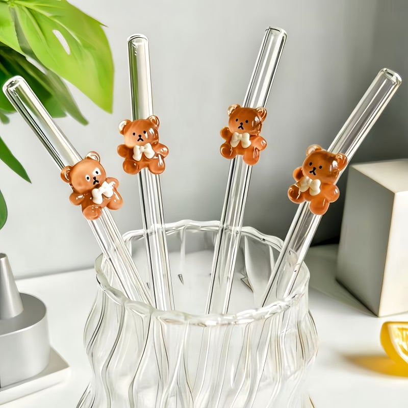 9PCS Brown Bear Glass Straw Set Reusable Bent Straw for Milk Tea Iced Drinks Dessert Shop Valentine Gift For Her Including 7 Straws And 2 Brushes - Image 1
