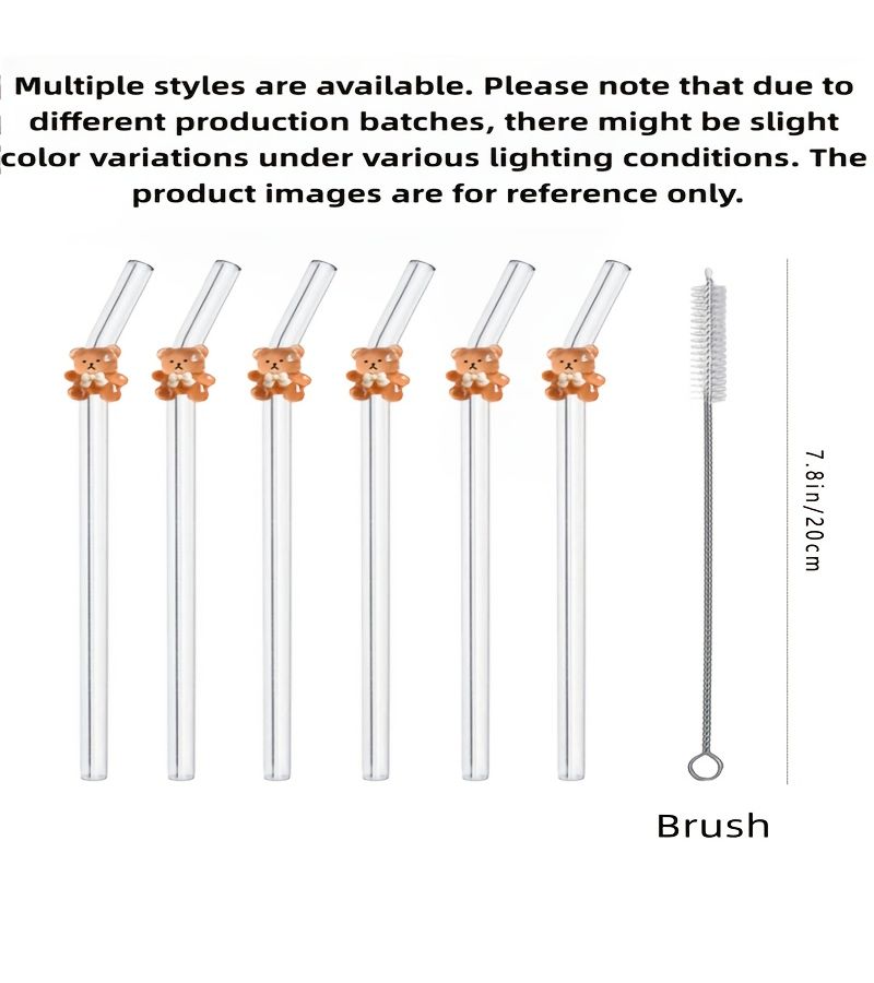 9PCS Brown Bear Glass Straw Set Reusable Bent Straw for Milk Tea Iced Drinks Dessert Shop Valentine Gift For Her Including 7 Straws And 2 Brushes - Image 3