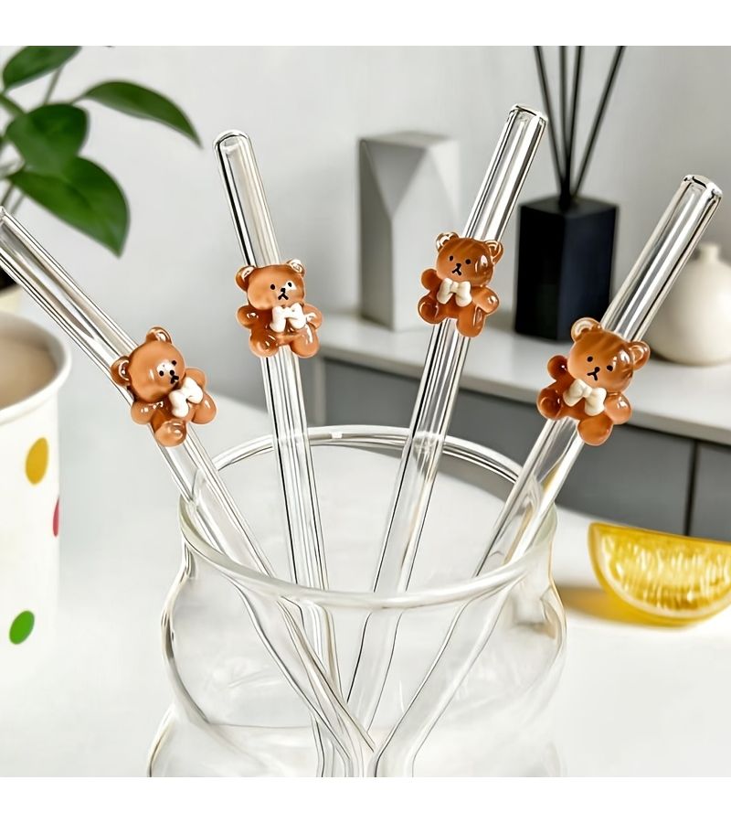 9PCS Brown Bear Glass Straw Set Reusable Bent Straw for Milk Tea Iced Drinks Dessert Shop Valentine Gift For Her Including 7 Straws And 2 Brushes - Image 5