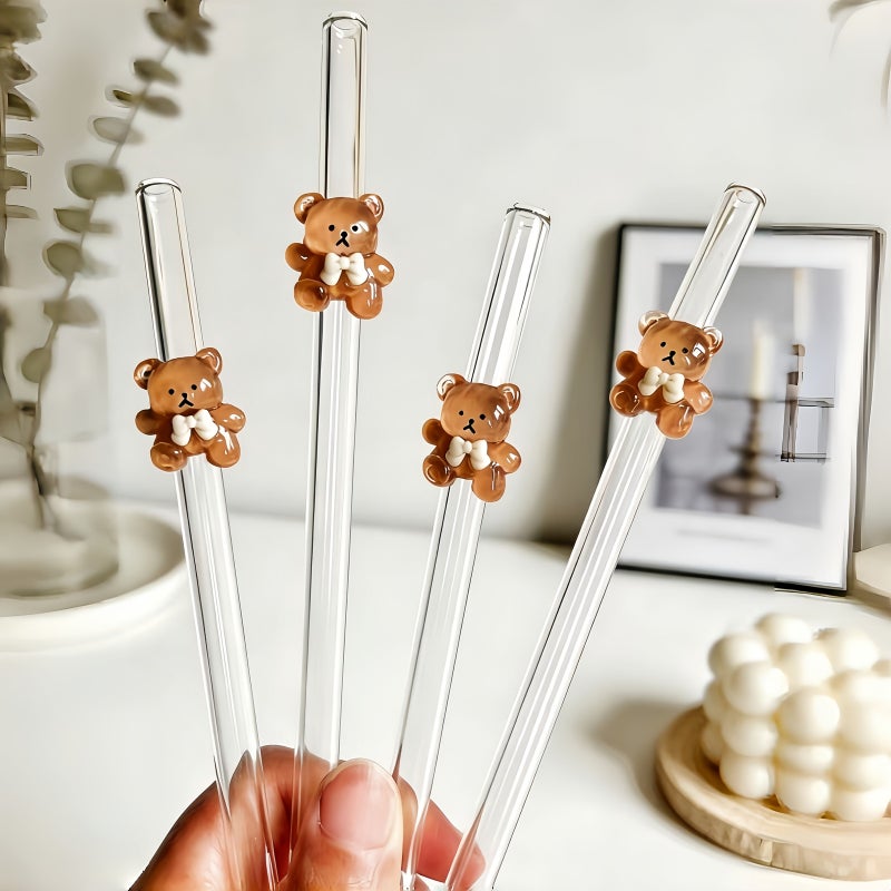 9PCS Brown Bear Glass Straw Set Reusable Bent Straw for Milk Tea Iced Drinks Dessert Shop Valentine Gift For Her Including 7 Straws And 2 Brushes - Image 2