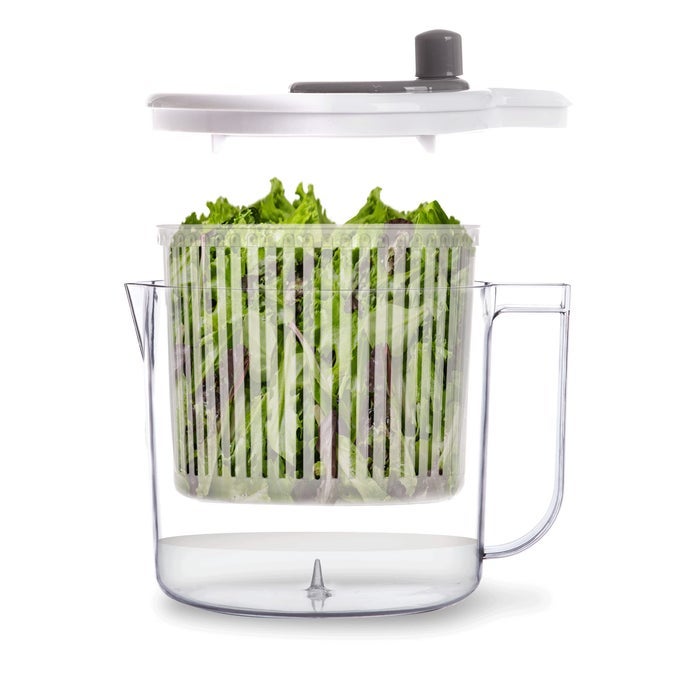 SALAD SPINNER 26 QT SMALL MANUAL LETTUCE SPINNER WITH BUILTIN DRAINING SYSTEM SALAD SPINNER COLANDER AND WATER PITCHER IN ONE FRUIT VEGETABLE BASKET COLANDER KITCHEN GADGETS