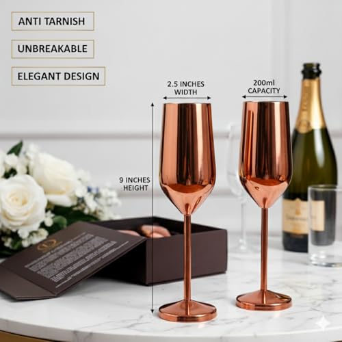 Exclusivish Champagne Glass Set of 2 with Gift Box - PVD Rose Gold Steel Wine Glasses | Home Decor & Decoration Items for Living Room | Gifts for Women & Men for Weddings, Anniversaries & Birthdays - Image 2