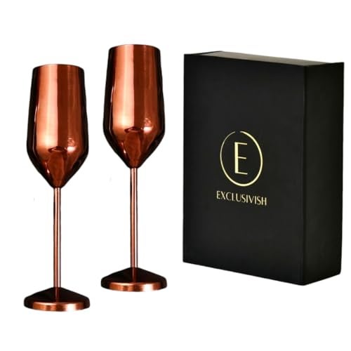 Exclusivish Champagne Glass Set of 2 with Gift Box - PVD Rose Gold Steel Wine Glasses | Home Decor & Decoration Items for Living Room | Gifts for Women & Men for Weddings, Anniversaries & Birthdays - Image 1