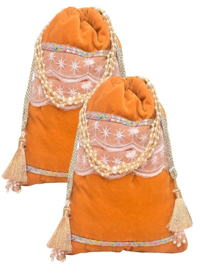 Dulhan Velvet Potli Bag with Pearl Handle | Sequin Tissue Lace Zari Tassels and Resham Dori | Dark Yellow Soft Padded Wedding Shagun Pouch for Return Gifts, Wedding, Winter and Festive Use-pack of 2 - Image 1