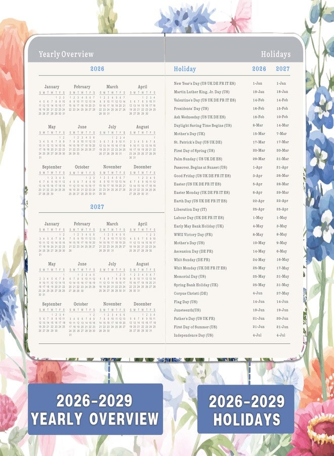 Planrage 2026-2029 Pocket Calendar - Pocket Planner from Jul. 2026 to Jun. 2029, 3 Year Clendar Monthly Planner 2026-2029, 6.3" x 3.7", 60 Note Pages, Pen Holder, Pockets - Flowers - Image 4