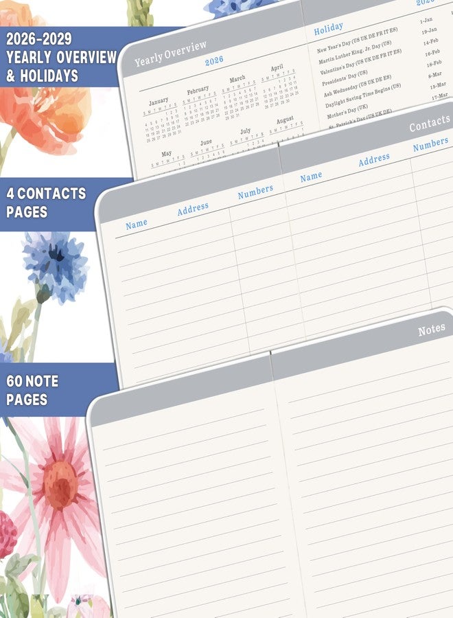 Planrage 2026-2029 Pocket Calendar - Pocket Planner from Jul. 2026 to Jun. 2029, 3 Year Clendar Monthly Planner 2026-2029, 6.3" x 3.7", 60 Note Pages, Pen Holder, Pockets - Flowers - Image 5