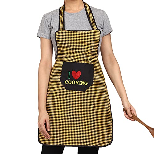 JMi Cotton Checkered Design Unisex Waterproof Apron With Long Ties, 1 Center Chef Embroidered Pocket for Cooking Dusting Home Kitchen Restaurant Multipurpose, Pack of 2 (Black & Yellow) Full Size. - Image 5