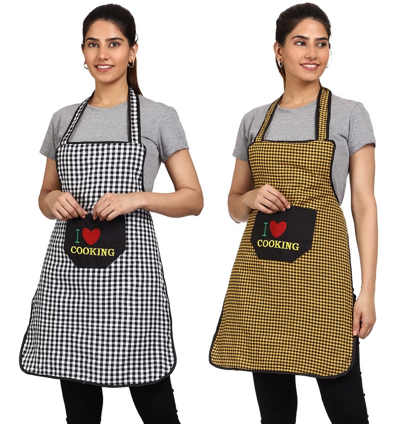 JMi Cotton Checkered Design Unisex Waterproof Apron With Long Ties, 1 Center Chef Embroidered Pocket for Cooking Dusting Home Kitchen Restaurant Multipurpose, Pack of 2 (Black & Yellow) Full Size. - Image 1