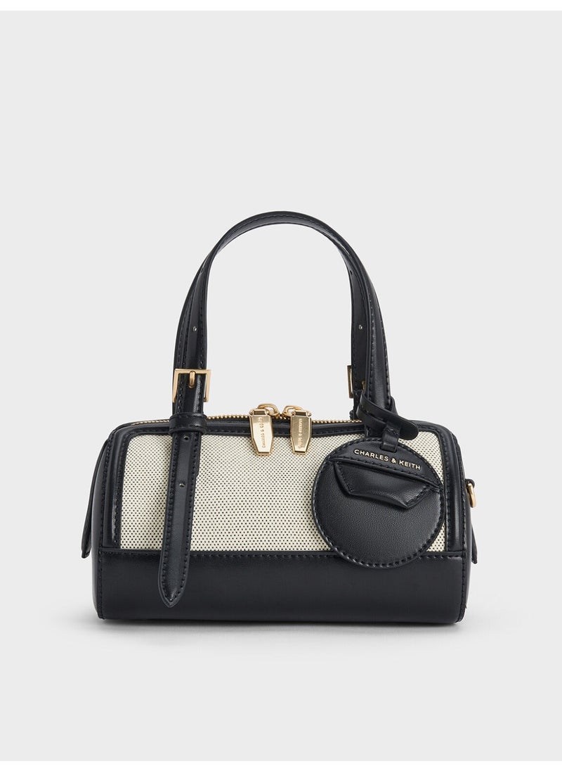Charles & Keith CHARLES & KEITH Enola Canvas Two-Tone Bowling Bag & Tote Bag & Crossbody Bag for Women - Black/Cream  - Image 1