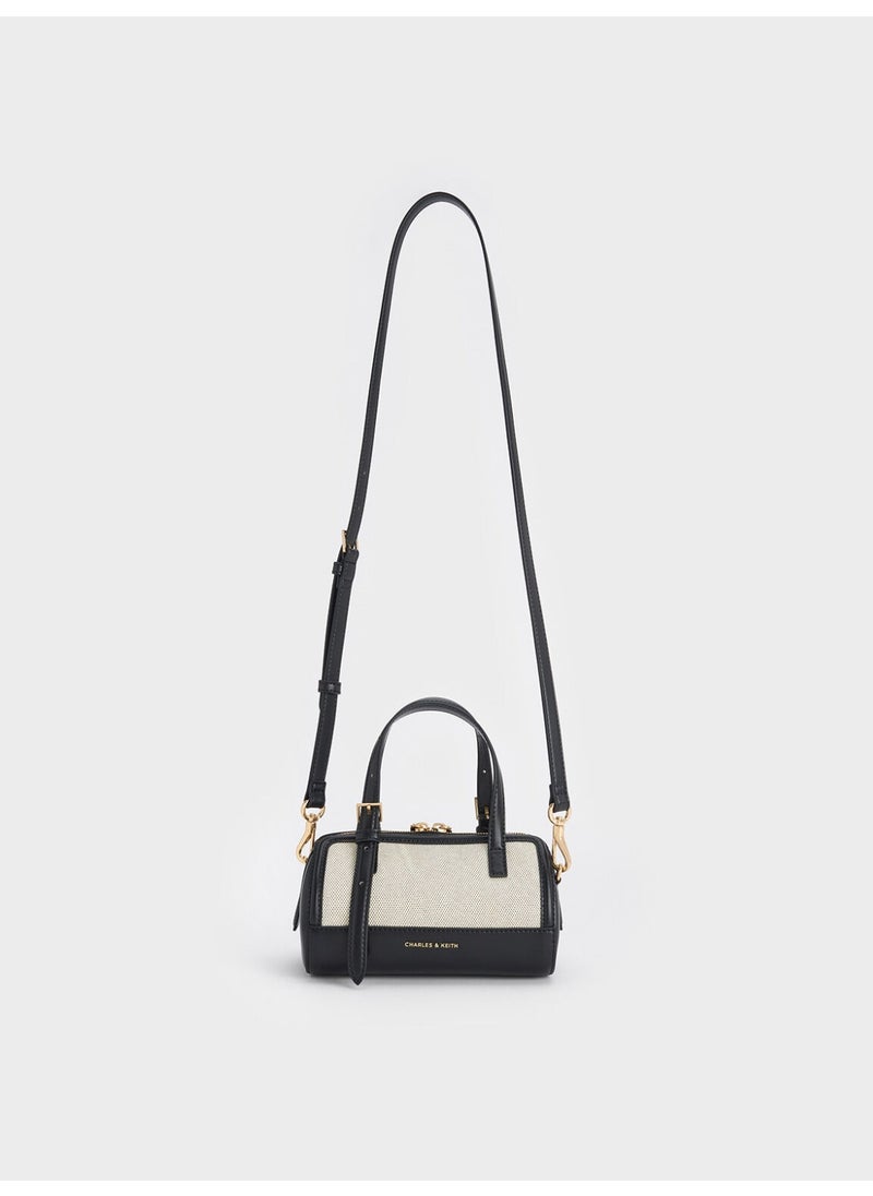 Charles & Keith CHARLES & KEITH Enola Canvas Two-Tone Bowling Bag & Tote Bag & Crossbody Bag for Women - Black/Cream  - Image 5
