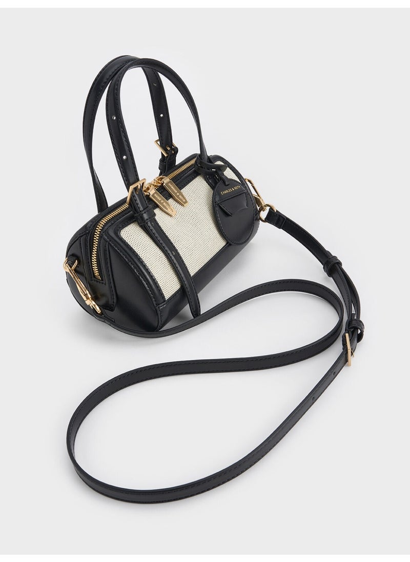 Charles & Keith CHARLES & KEITH Enola Canvas Two-Tone Bowling Bag & Tote Bag & Crossbody Bag for Women - Black/Cream  - Image 3