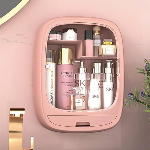 SIBY Acrylic Wall Hanging Makeup Storage Box | Transparent Dustproof Cosmetics Box Stick on Wall | Makeup Organizer Cabinet Rack | Women Skin Care Beauty Rack | Perfume Cream Stand(Pink) - Image 3