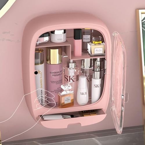 SIBY Acrylic Wall Hanging Makeup Storage Box | Transparent Dustproof Cosmetics Box Stick on Wall | Makeup Organizer Cabinet Rack | Women Skin Care Beauty Rack | Perfume Cream Stand(Pink) - Image 2