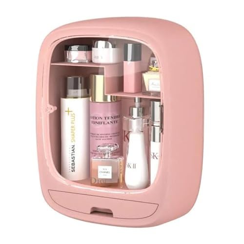 SIBY Acrylic Wall Hanging Makeup Storage Box | Transparent Dustproof Cosmetics Box Stick on Wall | Makeup Organizer Cabinet Rack | Women Skin Care Beauty Rack | Perfume Cream Stand(Pink) - Image 1