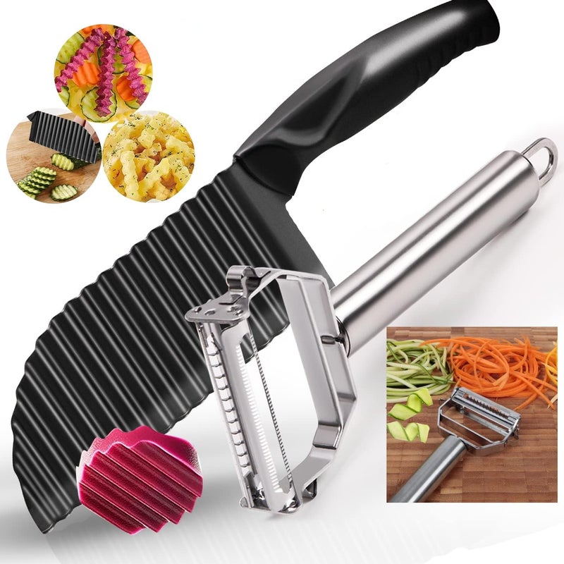 YukaBa Crinkle Potato Cutter Stainless Steel Waves French Fries Slicer Save-effort Handheld Chipper Chopper, Vegetable Salad Chopping Knife Home Kitchen Wavy Blade Cutting Tool (2 Pack) - Image 1