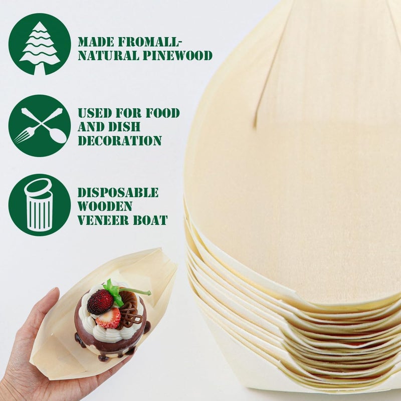 DOERDO DD DOERDO 100 Pcs Bamboo Disposable Wood Boat Plates 67 Long Food Serving Tray Sushi Dessert Container for Catering and Home Use 67x37 Inch - Image 4