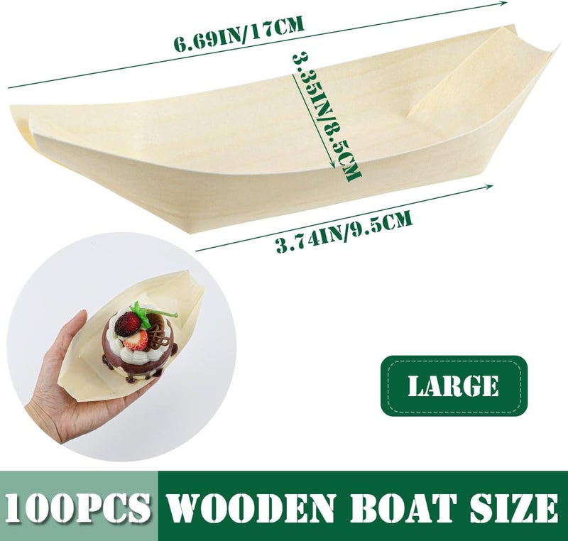 DOERDO DD DOERDO 100 Pcs Bamboo Disposable Wood Boat Plates 67 Long Food Serving Tray Sushi Dessert Container for Catering and Home Use 67x37 Inch - Image 2