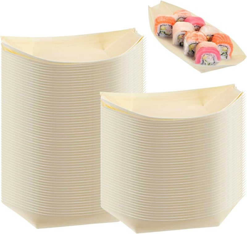 DOERDO DD DOERDO 100 Pcs Bamboo Disposable Wood Boat Plates 67 Long Food Serving Tray Sushi Dessert Container for Catering and Home Use 67x37 Inch - Image 1