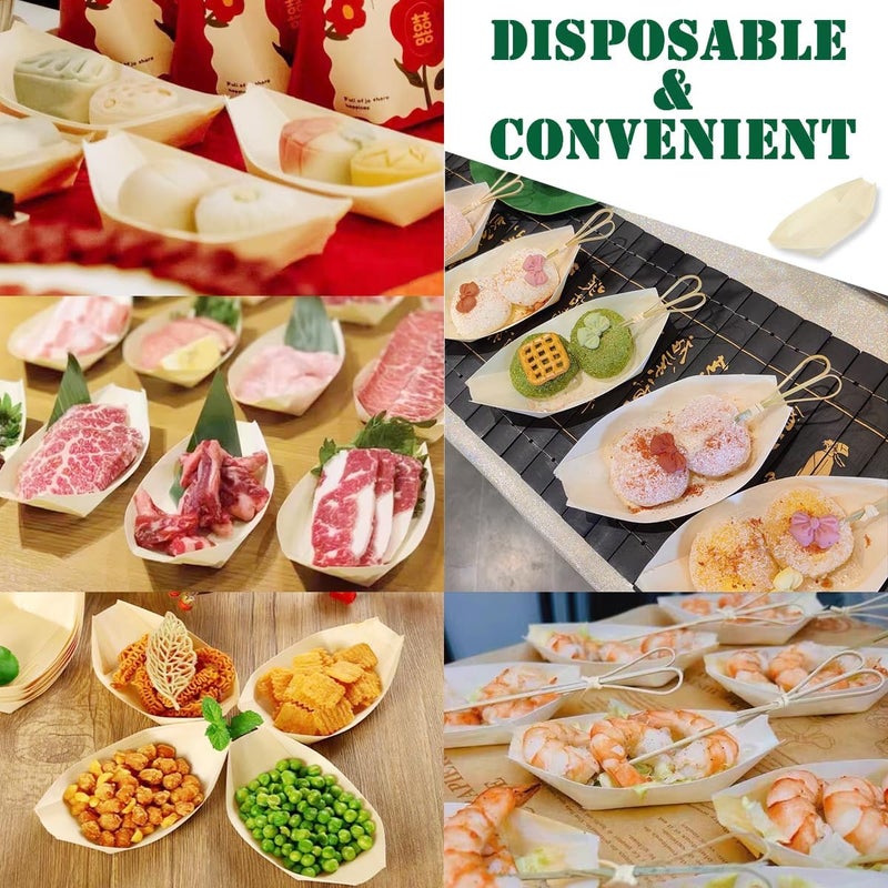DOERDO DD DOERDO 100 Pcs Bamboo Disposable Wood Boat Plates 67 Long Food Serving Tray Sushi Dessert Container for Catering and Home Use 67x37 Inch - Image 3
