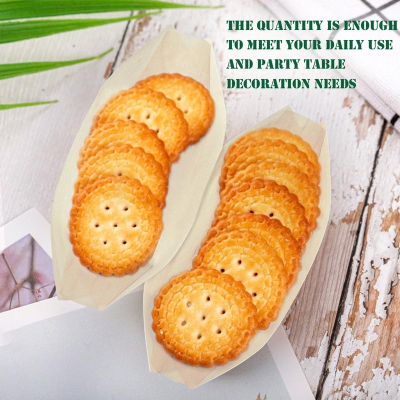DOERDO DD DOERDO 100 Pcs Bamboo Disposable Wood Boat Plates 67 Long Food Serving Tray Sushi Dessert Container for Catering and Home Use 67x37 Inch - Image 5
