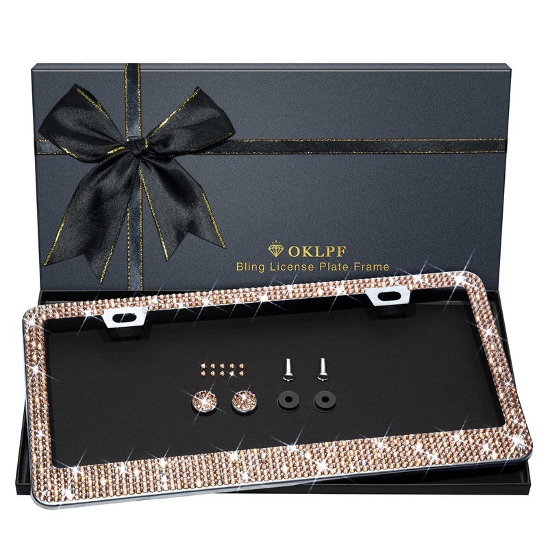 OKLPF Bling License Plate Frame for Women, 1PCS Sparkly License Plate Frames| Over 1200 pcs 14 Facets Bedazzled Clear Glass Diamond Rhinestone Crystals w/Free Glitter Diamond Box (Champagne) - Image 1