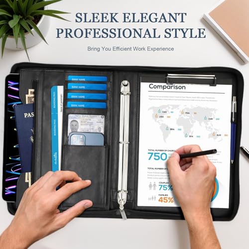 IYGHV Faux Leather Portfolio Binder with Handle & Clipboard, Zippered Padfolio Folder Organizer 3 Ring Binder for Document, Business Card Holder, Professional Portfolio Notebook for Men & Women (Black) - Image 5