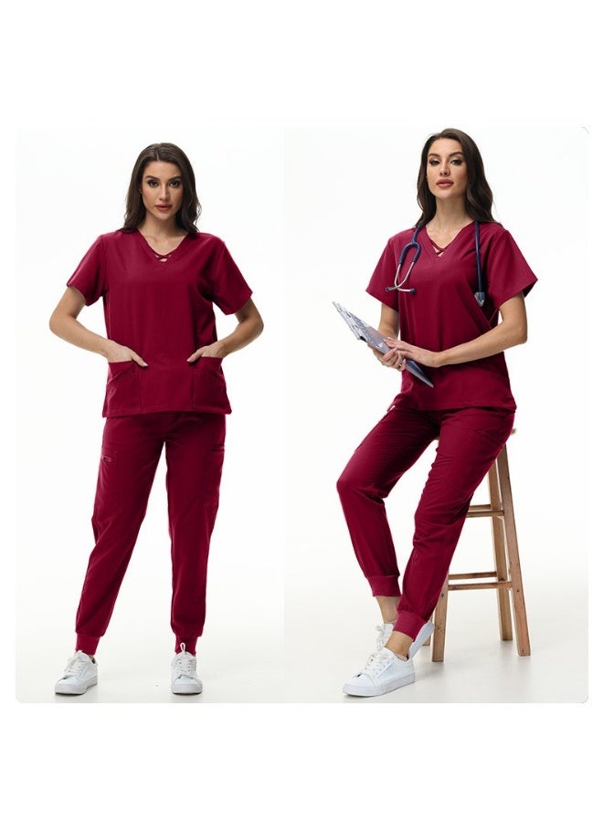 NIBEMINENT Scrubs Jogger Set Women Pet Hospital Doctor Uniform Solid Color Surgical Suits Multiple Pockets V-neck Dentist Clothes - Image 2