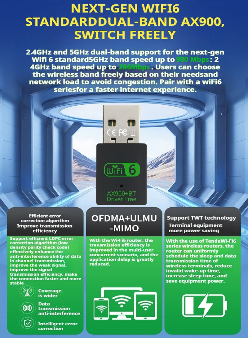 Mini USB WiFi 6 Adapter with Bluetooth USB WiFi Bluetooth Combo Adapter for PC, WiFi 6 Dual Band 5GHz/2.4GHz, 900Mbps Mini Wireless Network Card/Dongle for Desktop PC Laptop Support Windows 11/10/7 - Image 2