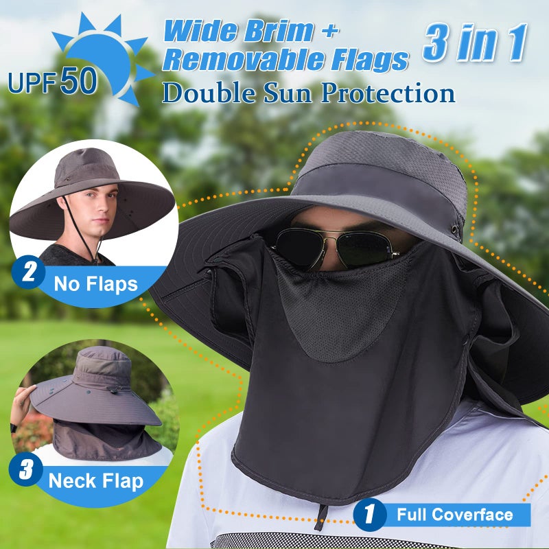 Joyblossom Super Wide Brim Fishing Hat UPF 50+ Sun Safari Hat with Removable Neck Face Flap (Dark Grey) - Image 2