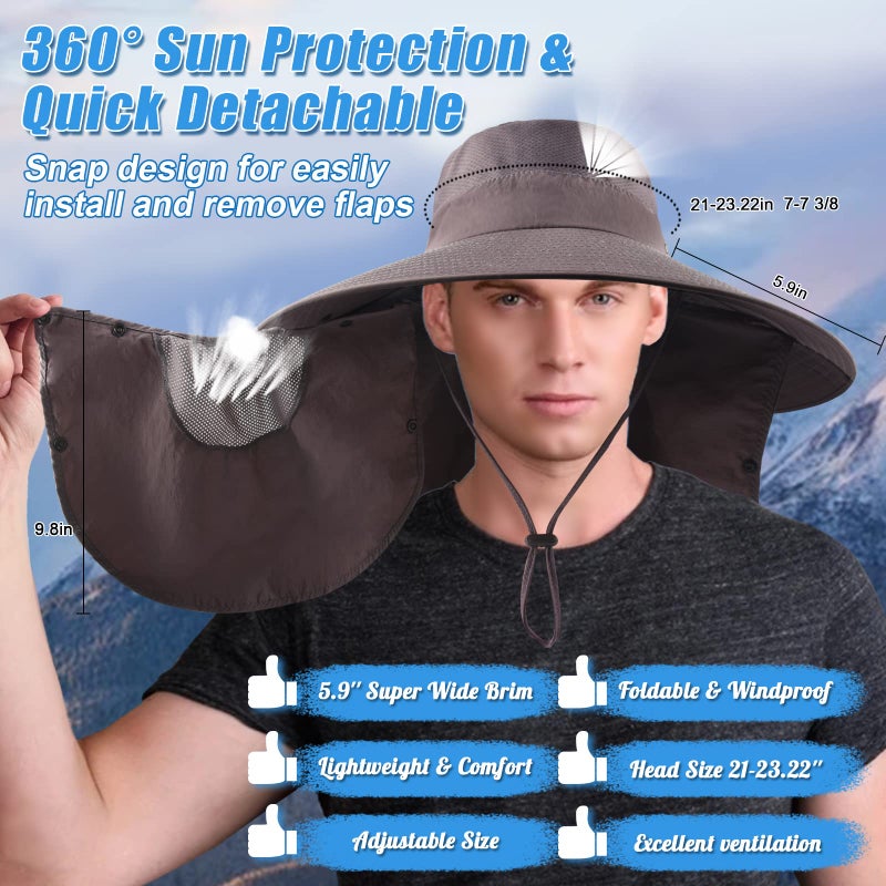 Joyblossom Super Wide Brim Fishing Hat UPF 50+ Sun Safari Hat with Removable Neck Face Flap (Dark Grey) - Image 3