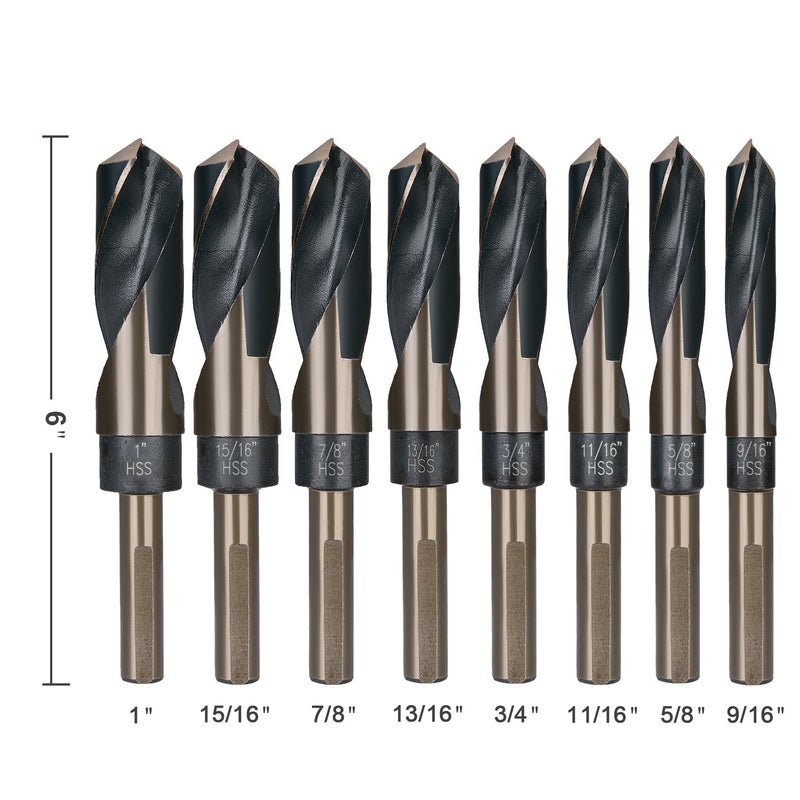 EFFICERE 8-Piece Premium 1/2â€ Reduced Shank Silver and Deming Large Drill Bit Set in Aluminum Carry Case, M2 High Speed Steel, 135-Degree Split Point | SAE Inch Size 9/16â€ - 1â€ by 1/16th Increment - Image 3