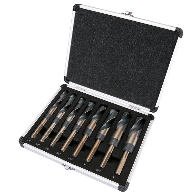 EFFICERE 8-Piece Premium 1/2â€ Reduced Shank Silver and Deming Large Drill Bit Set in Aluminum Carry Case, M2 High Speed Steel, 135-Degree Split Point | SAE Inch Size 9/16â€ - 1â€ by 1/16th Increment - Image 2