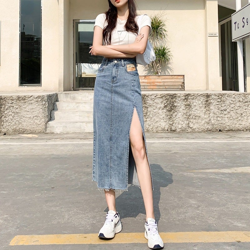 Side Slit Denim Skirt Women'S Ins Style Design High Waist Skirt A- Line Girl Hip Mid-Length Skirt - Image 2