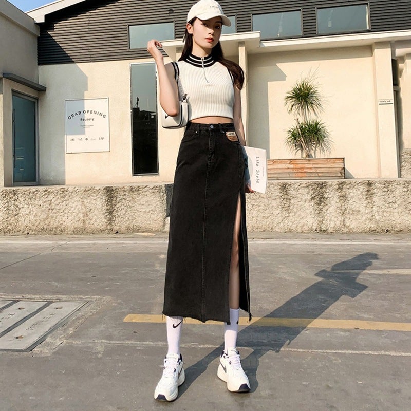 Side Slit Denim Skirt Women'S Ins Style Design High Waist Skirt A- Line Girl Hip Mid-Length Skirt - Image 5